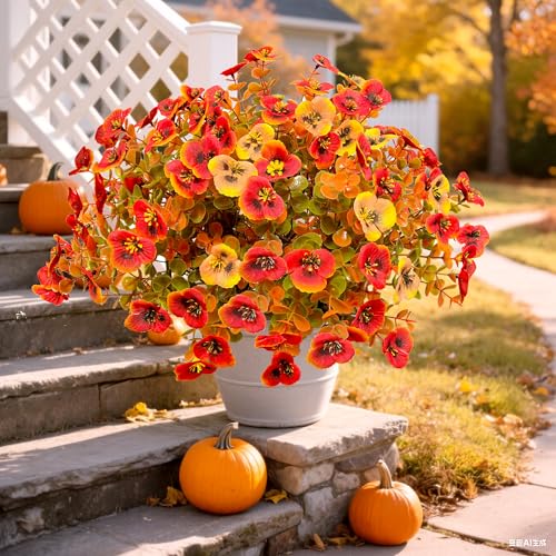 Artificial Mums Fall Flowers for Outdoors, 12pcs Fake Mums UV Resistant Outdoor Artificial Plants, Faux Silk Flowers Plants for Porch,Garden, Patio,Window Box Decoration - color: Orangred, size: 12