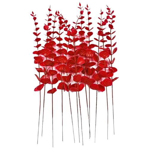 Eucalyptus Stems 12 PCS Artificial Leaves Home Office House Table Decor Wedding Bouquet Ceremony Party Flower Decoration Vase Forever Live Never Fade - color: Wine Red