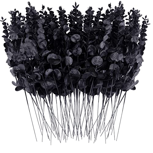 FEQO 72 Pcs Black Eucalyptus Stems Artificial Leaves Faux Eucalyptus Stems Branches 15 inch for Wedding Bouquet Home Decor - color: Black, size: 72 Pcs