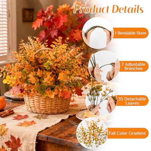 RAINFLOW Artificial Fall Flowers for Outdoors - 4PCS Autumn Brown Fake Mums, UV Resistant Fake Eucalyptus Stems for Vase Home Christmas Wedding Party Garden Porch Fall Thanksgiving Decorations