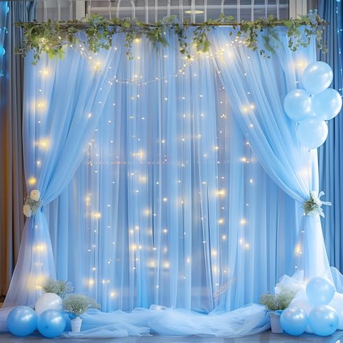 10ft x 8ft Blue Backdrop Curtain with Lights String for Parties, Sheer Tulle Wedding Photo Backdrops Drapes for Baby Shower Birthday Party Decorations Background for Photography - color: Blue, size: W5' x H8'(2 panels)