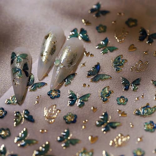 Butterfly Nail Art Stickers 5D Jelly Design Blackish Green Nail Decals 1PCS Embossed Gradient Butterfly Wing Adhesive Stickers Accessories Summer Bronzing Nail Decor for Manicure - style: Style7-Green Butterfly