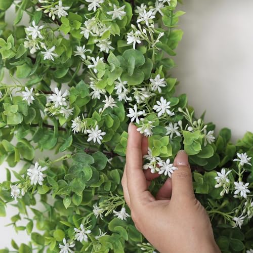 26" Artificial Eucalyptus Wreath with Baby's Breath for Front Door - Fake Eucalyptus Wreath, Spring Summer Faux Flowers Wreath for Porch, Farmhouse, Wall, Window, Home Decor (White-Green)