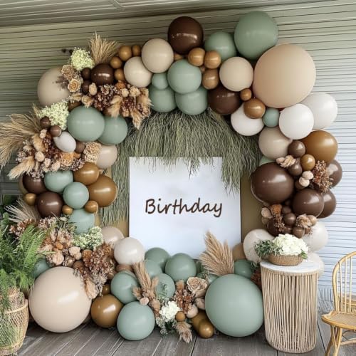 Dusty Green Nude Balloon Arch Double Stuffed Sage Green Brown Beige White Sand Cream Balloon Garland Kit for Neutral Baby Shower Birthday Wedding Woodland Wild One Dinosaur Fall Boho Party Decor - color: Dusty Green Nude
