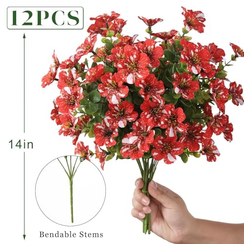 GLIDLION 12 Bundles Artificial Morning Glory & Eucalyptus for Outdoor, Realistic Fake Silk Flower UV Resistant Faux Plant for Front Door Patio Garden Farmhouse Decor (Red) - color: Red