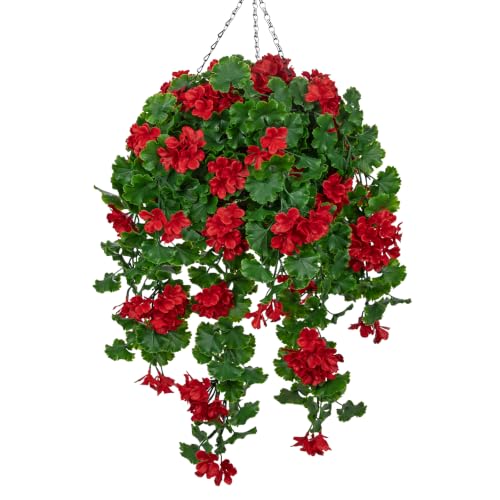 Artificial Hanging Geraniums Flower Plants with Basket for Outdoor Decoration, UV Resistant Hanging Fake Red Geranium Flowers Realistic Front Porch Garden Patio Home - color: Red, size: Large