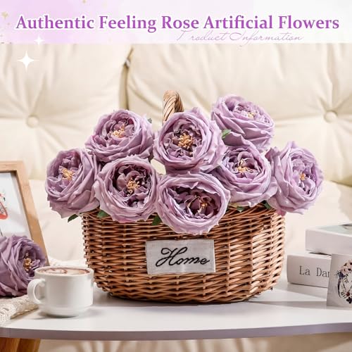 Daifunli 10pcs Real Lifelike Peonies Artificial Flowers, Faux Austin Rose with Long Stem Look Real Fake Flower for Christmas Valentines Arrangement Wedding Party Home Kitchen Decor(Light Purple) - color: Light Purple