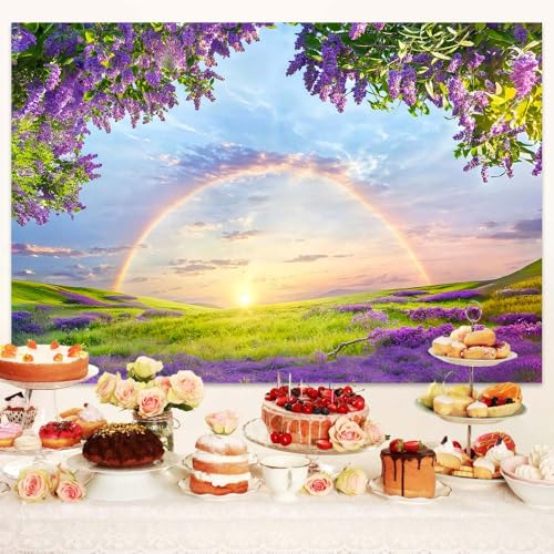 7 X 5 ft Lavender Flower Field Backdrop Photography backdrops Purple Flower Lavender Green Grass Lilac Flowers Sunset Sky Rainbow Party Background Photography Studio Backdrop - size: 7x5ft