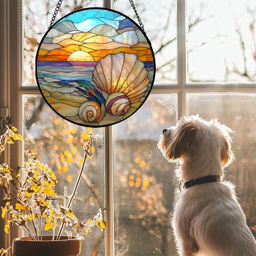 Stained Glass Window Hanging - Colorful Beach Shells Conch Sun Catcher for Door Home Decor Ocean Suncatcher Christmas Mother's Day Birthday Sea Lover Gifts for Women Men Mom Nana 7.8 in - color: Colorful, size: 7.8x7.8 IN
