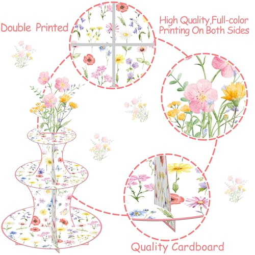 Wildflower Cupcake Stand Spring Wildflower Birthday Party Decorations Wildflower Cupcake Holder 3 Tiers Floral Dessert Towers for Flower Theme Baby Shower Supplies