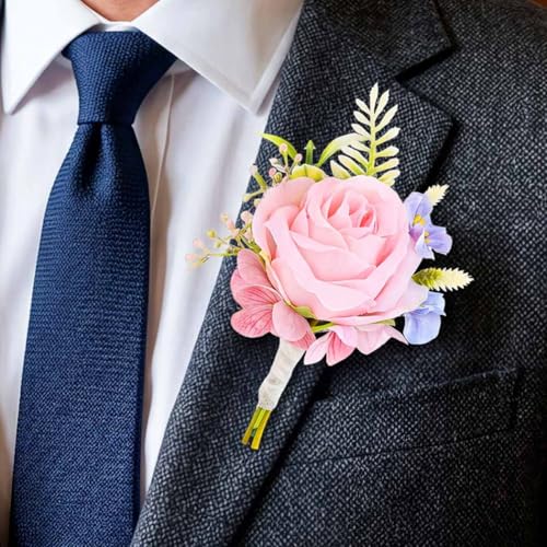 Wedding Flower Boutonniere Red Groom Rose Buttonholes Men's Boutineer Party Suit Decoration Prom Anniversary Accessories for Groomsmans and Man (Pink) - color: Pink