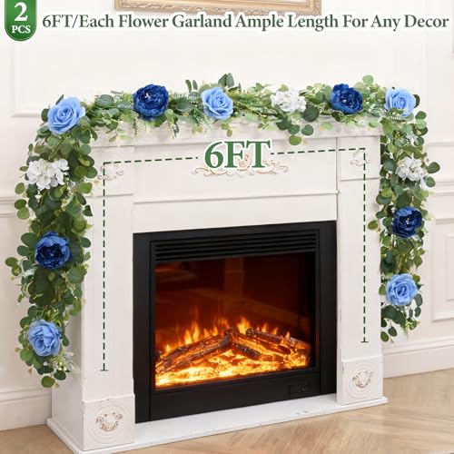 Livole 6 FT Artificial Flower Garland Real Touch Fake Blue Floral Rose Peony Garland with Eucalyptus Flower Hanging Vine for Wedding Table Centerpieces Backdrop Party Arch Home Decorations - color: Blue, size: 1 Pc