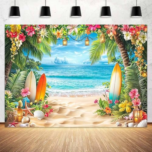 Summer Beach Ocean Backdrop, Tropical Hawaiian Palm Trees Flower Photography Background, Blue Sea Sky Luau Aloha Party Wedding Baby Birthday Bridal Shower Decoration Banner Photo Booth 5X3FT - color: Yellow, size: 5X3FT