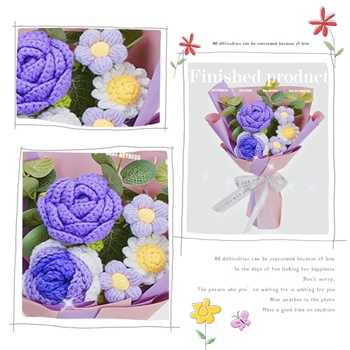 Crochet Flowers,Rose Artificial Flower Bouquet Packaging,Beautiful Crochet Flowers Suitable for Family Table Decoration, Gifts for Mother's Day,Women,Girlfriend,Mother, Birthday Wedding (Purple) - color: Purple