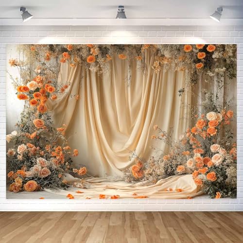 6X4ft Floral Photography Backdrop, Retro Flowers Backdrop Dreamlike Wedding Portrait Photo Background Romantic Wedding Birthday Bridal Shower Engagement Party Background Banner Decor, Orange-1 - color: Orange-1, size: 6x4ft