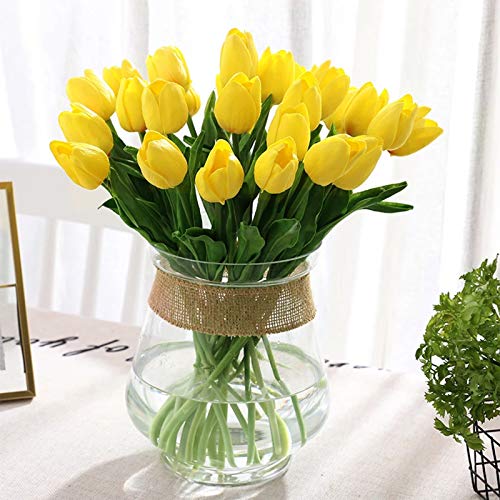30PCS Real Touch Tulips PU Artificial Flowers, Fake Tulips Flowers for Arrangement Wedding Party Easter Spring Home Dining Room Office Decoration. (Yellow, 14" Tall) - color: Yellow