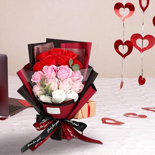Roses Bouquet Artificial Flower - Preserved Red Rose Flowers with Love Necklace for Her Unique Gift for Birthday, Valentine's Day, Mother's Day, Thanksgiving, Christmas, Anniversary (Pink and Red) - color: Pink and Red