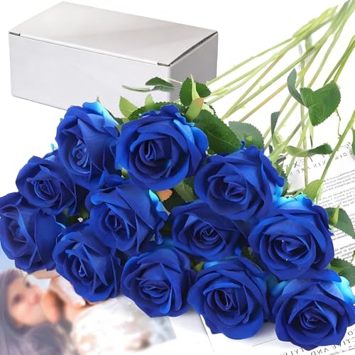 Jasion 12PCS Artificial Roses Realistic Velvet Silk Flowers Long Stem Faux Flowers Bouquet for Wedding Home Party Table Centerpieces Decorations (Blue) - color: 12pcs Blue