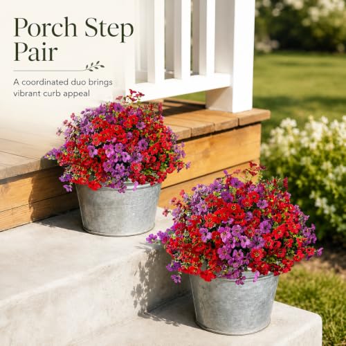 Artificial Flowers for Outdoors UV Resistant, 12 Bundles Realistic Faux Daisy with Eucalyptus Leaves Fake Plants for Porch Patio Planter Garden Decoration (Red Light Purple) - color: Red Light Purple