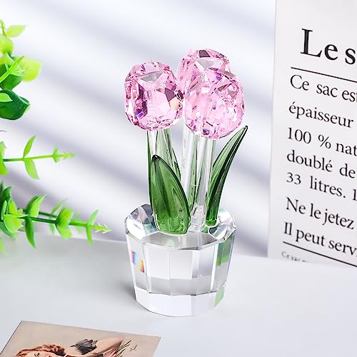 Qianwei Crystal Tulips Flowers Figurine Pink with Vase - Glass Flower Bouquet Collectible Figurines Crystal Office Home Decor Paperweight - Tulip Gifts for Women Mom Bestfriend Wedding Anniversary - color: Pink Tulip