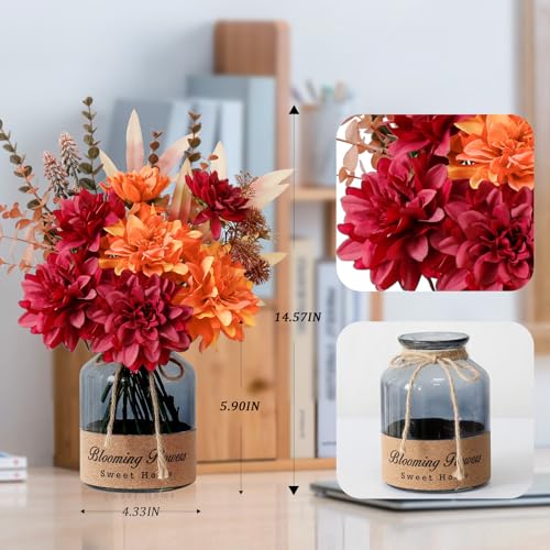 Leftover Fake Fall Flowers in Vase,Faux Flowers in Vase,Fall Floral Arrangement,Fall Centerpieces for Tables,Artificial Flowers,Kitchen Decor,Coffee Table Decor - color: Orange and Red
