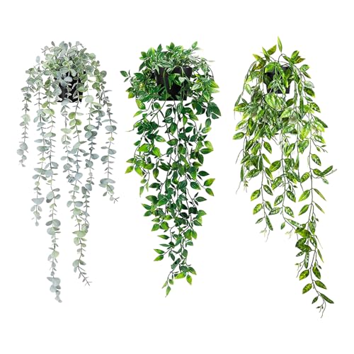 Fake Hanging Plants, 3pcs Artificial Small Potted Plants Fake Potted Greenery Faux Eucalyptus Mandala Vine Pea Pod for Home Indoor Outdoor Wall Garden Wedding Decoration - color: Dutch Bean+mandala+eucalyptus