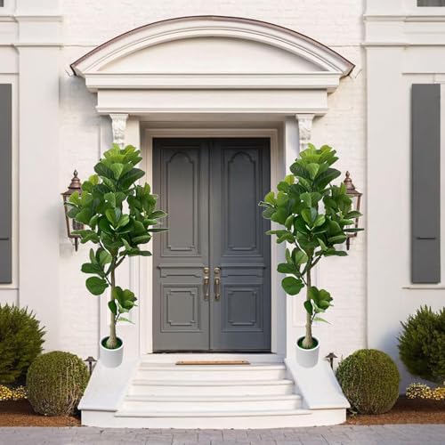 5.6FT Artificial Fiddle Leaf Fig Tree with White Pot, 2 Pack Faux Plant Indoor Outdoor Fake Tree for Home, Office, Living Room Decoration - size: 5.6ft