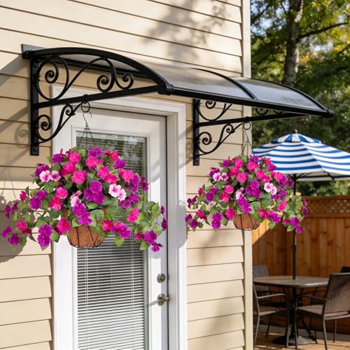 INXUGAO 3 Bundles Artificial Fake Flowers for Outdoors with Hanging Baskets Faux Hanging Flowers Plants for Outdoor Planters UV Resistant Silk Flowers for Outside Spring Home Front Porch Garden Décor - color: Light Purple Dark Purple+basket