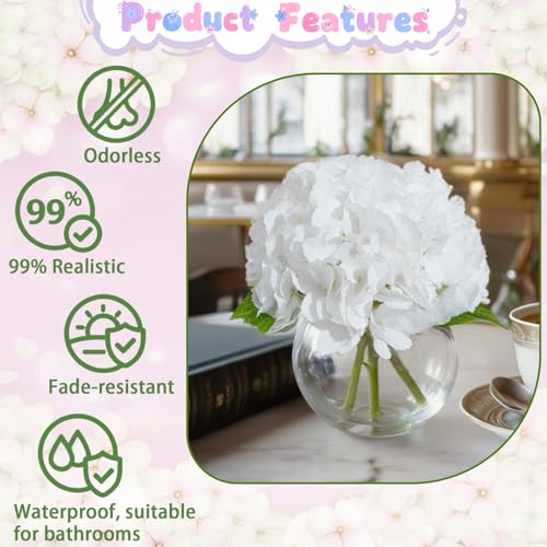 White Artificial Hydrangea Flowers in Glass Vase with Faux Water, 3 Stems Lifelike Fake Floral Arrangement, UV-Resistant Odorless Centerpieces for Dining Table Home Office Decor (7.9") - color: White