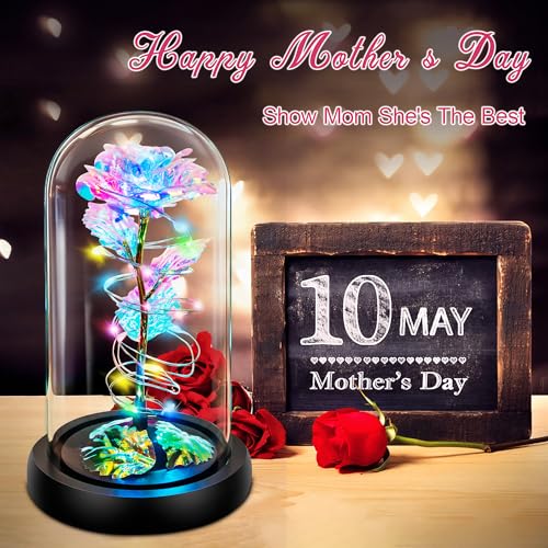 Childom Mothers Day Flowers Gifts for Mom from Daughter Son,Birthday Gifts for Women Mom Grandma Wife,Flowers for Delivery Prime,Rotating Light Up Rose in A Glass Dome,Anniversary Valentines Gifts - color: Rotating Rainbow Colorful Large