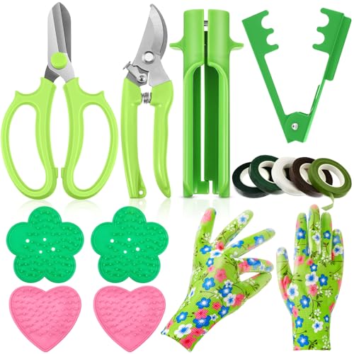 Lasnten 14 Pcs Mother's Day Rose Stripper Thorn Remover Tool Garden Pruning Shears Scissors Kit Leaf Stripping Tool Floral Gloves and Floral Tape Flower Stripper Kit Gift for Wedding Outdoor(Green) - color: Green