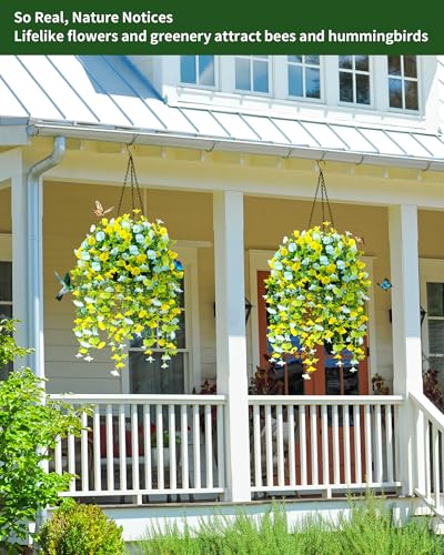 2 Pack Artificial Hanging Flowers Basket Set, Cascading Morning Glory | UV Resistant Artificial hanging flowers for porch,Patio,Garden,outdoor decorations,24 stems, 10in baskets and no watering - color: 2 Pack Baskets/Blue Green Yellow