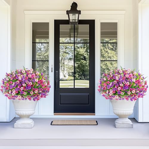 Yastouay 12 Bundles Artificial Flowers for Outdoors, UV Resistant Artificial Outdoor Flowers No Fade Fake Outdoor Flowers Plants for Garden Porch Window Box Pot Planters Decor (Mixing+Fern A) - color: Fuchsia+pink+rose Red+fern, size: 12 Bundles