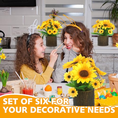 Lyrow 6 Pcs Sunflowers Artificial Flowers Sunflower Flower Bouquet in Planters Summer Fake Faux Floral Rustic Potted Flower Arrangements Table Centerpiece for Vase Summer Home Indoor Outdoor Decor