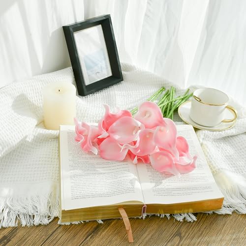 Mandy's 20pcs Pink Calla Lily Artificial Flowers | 13.5 Inch PU Realistic Bouquet for Vase Elegant Home Decor Centerpiece Wedding Bridal Bouquet Table Decoration - color: Pink-1