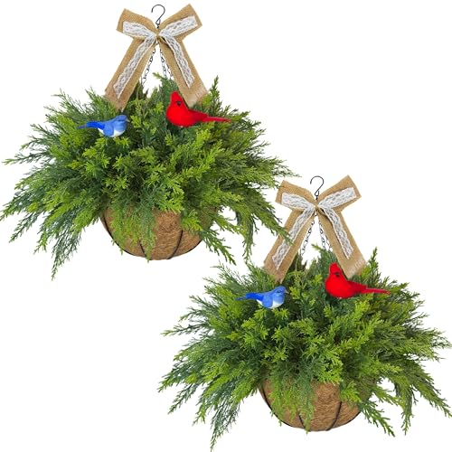Artificial Hanging Plant Flower Baskets Set of 2, Faux Ferns with Birds and Linen Bows, Fake Planters Hanging with 24 Pcs Cypress Leaves, UV Resistant for Spring Summer Outdoor Porch Garden - color: Green