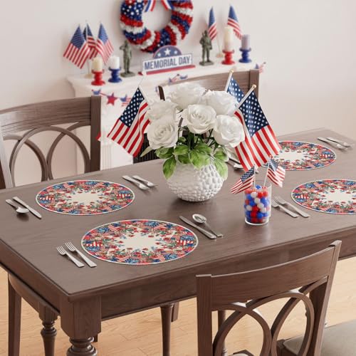 XCHI Watercolor Flowers America Stars Fireworks Memorial Day Round Placemats Set of 4 Table Mats 4th of July Patriotic Independence Day for Party Home Kitchen Dining Table Decorations 14x14 Inch - size: Round Placemats Set of 4 （14x14 Inch）