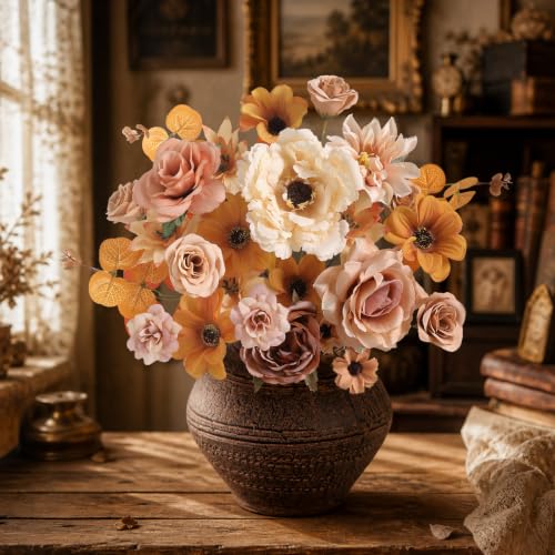 Fake Flowers Heads Bulk Assorted Artificial Silk Flower for Crafts, Small Artificial Daisy Roses Faux Flowers for Graduation Cap DIY Cake Wedding Party Home Garland Decoration - color: Light Coffee