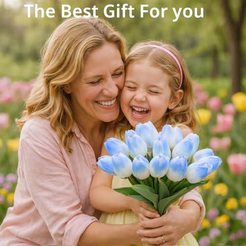 20 Pcs Tulips Artificial Flowers, 13.5'' Real Touch PU Fake Flowers Bouquet for Home Party, Spring Wedding Floral Arrangement, Valentine's, Easter and Mother's Day Decor (White Blue) - color: White Blue