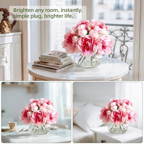 Pink Peonies Artificial Flowers in Vase, Silk Faux Peony Fake Flower Arrangements with Glass Vase and Faux Water for Home Decor Wedding Bouquets Table Centerpieces - color: Peony Vase With Faux Water, size: Pink