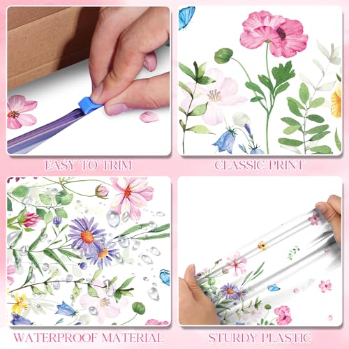 4.5x100 Feet Roll of Spring Floral Plastic Tablecloth,Pink Purple Blue Flower Butterfly Disposable Table Cover Summer Spring Photography Backdrop for Holiday Weeding Birthday Tea Party Decorations - size: 1181" x 54" (Rectangular)