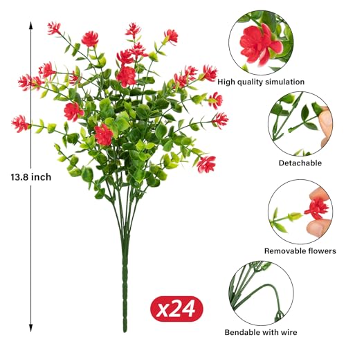 Ouddy Decor 24 Bundles Artificial Flowers for Outdoors Decoration Fake Flowers UV Resistant Faux Plastic Greenery Eucalyptus Plants for Spring Summer Garden Patio Indoor Outdoor Home Decor, Red - color: Red