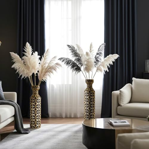 Pair of 24.4" Tall Ceramic Cylinder Vases with Geometric Gold Accents, Large Flower Vase, Decorative Vase - Modern Black & Gold Floor Vases for Living Room, Entryway Decor (Set of 2) - color: Black With Gold Set of 2