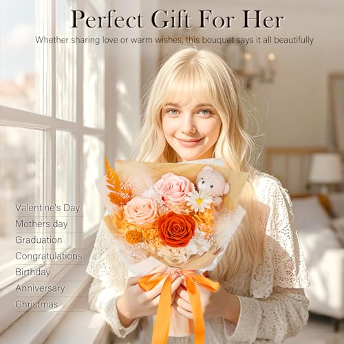 Preserved Flowers Bouquet with Bear, 3 Real Forever Flowers for Delivery, Long-Lasting Orange Eteranl Roses Bouquet, Anniversary Birthday Gifts for Women Mom Her Girlfriend Wife - color: Orange