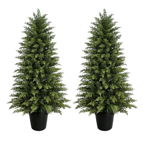 Mavis's Diary 4ft Artificial Cedar Topiary Tree, Set of 2 Realistic Faux Evergreen Shrub Plant in Planter, Indoor Outdoor Fake Cedar Tree for Front Porch, Entryway, Office & Home Decor - color: 2pack, size: 4FT