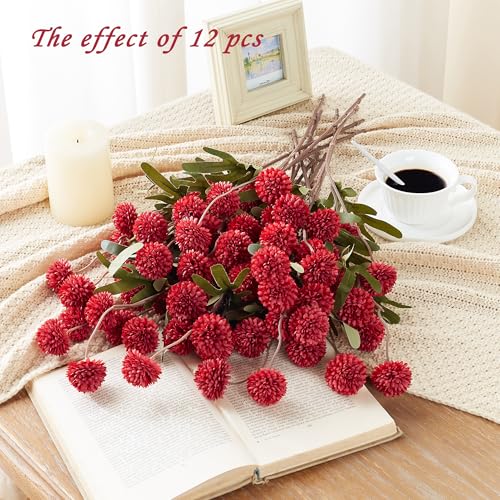 SITUMEIZI Red Faux Silk Pompon Mum Artificial Red Flowers Fake Mini Chrysanthemum Flowers Mums 6Pcs for Christmas Home Party Wedding Decorations - color: Red