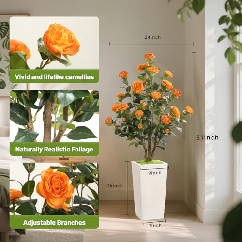 Romantic Season 4FT Artificial Camellia Tree with White Tall Planter, Orange Faux Camellia Plant Flower Tree for Modern Home Office Living Room Floor Décor Outdoor Indoor，Orange - color: Orange