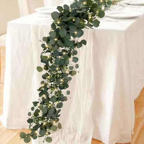 Eucalyptus Garland with Lights, 2 Packs 6FT Green Flower Garland Decor, Artificial Faux Eucalyptus Leaves Greenery Vines for Table Runner Wedding Centerpieces Backdrop Decorations (Warm Color) - color: Warm