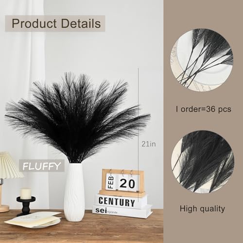U-LIAN 36PCS Black Faux Pampas Grass 21.7 Inch, Small Artificial Pampas Grass Decor for Vase, Fake Fluffy Floral, Artificial Dried Flowers, Dry Plant Home Wedding Boho Decor - color: Black, size: 22"-36 PCS
