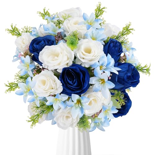 14.57" Blue and White Artificial Flowers Bouquets Fake Silk Roses and Lily Flower Faux Floral Arrangements for Bride Wedding Reception Home Decor Indoor